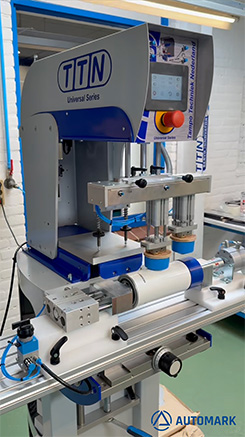 TTN pad printer integrated with TTN XY table setup for rotational printing.