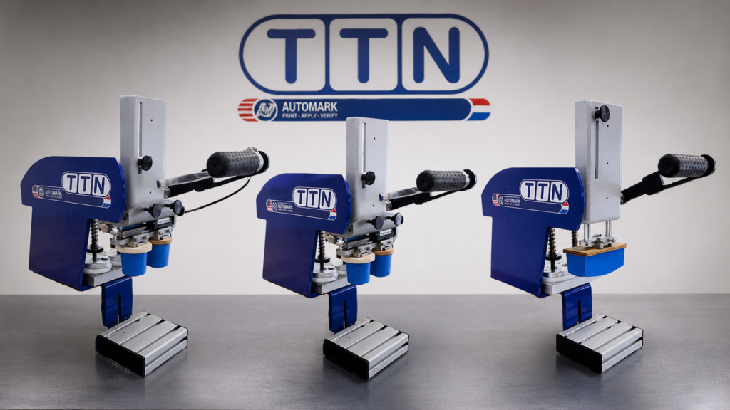 A family of three Automark HP manual style pad printers, showcasing their compact design and versatility for various printing applications, with the TTN Automark logo prominently displayed in the background.