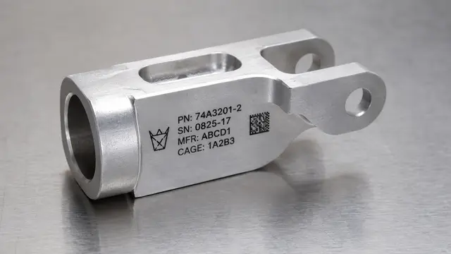 A close-up of a metallic aerospace component featuring precise pad-printed markings, including part numbers, serial numbers, manufacturer codes, and a 2D data matrix code, demonstrating the high-quality and durable printing capabilities of Automark for critical aerospace applications.