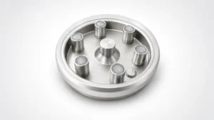 A close-up of a standard, high-quality stainless steel ink cup for a pad printing machine, featuring multiple magnetic posts for secure cliche placement, designed for efficient and clean ink transfer in industrial printing.