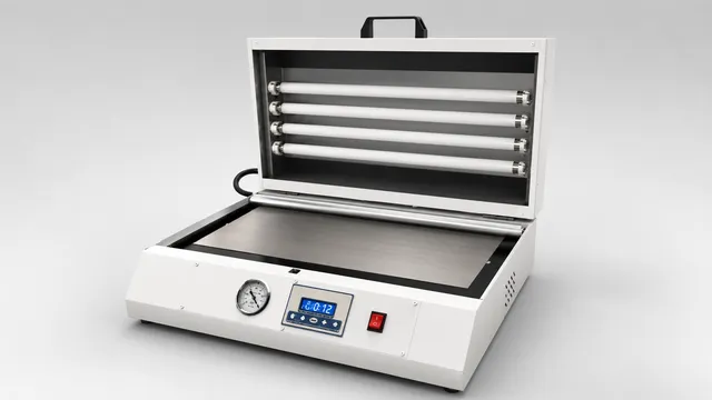 Automark UV exposure unit, a professional-grade machine for creating pad printing cliches, shown with its lid open, displaying multiple UV lamps, a vacuum frame, and a digital control panel on the front.