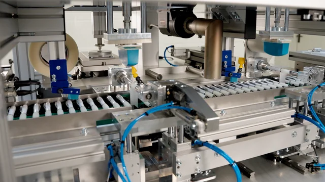 Full view of an automated pad printing system for pens, featuring multiple servo-driven print heads and a conveyor belt, demonstrating high-volume, efficient, and precise pen decoration by Automark.
