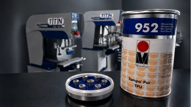 An ink cup filled with vibrant blue Marabu ink, positioned in front of two TTN pad printers, showcasing the high-quality consumables used in Automark's printing solutions.