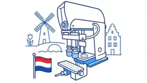 Graphic illustrating a pad printing machine with Dutch symbols including a windmill, tulip, bridge, and flag, representing "Made in the Netherlands" quality for Automark.