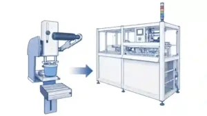 Graphic illustrating the transformation from a manual pad printing machine to a fully automated pad printing system, showcasing increased efficiency and advanced technology for Automark.