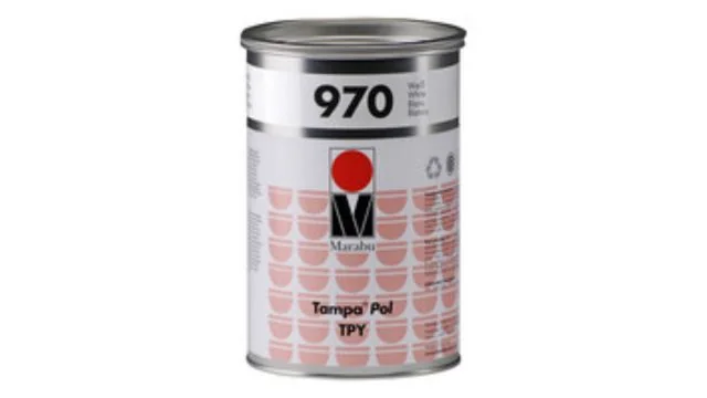 Marabu Tampa Pol TPY 970 white pad printing ink can, a specialized ink for polyamide and polyurethane, available from Automark.
