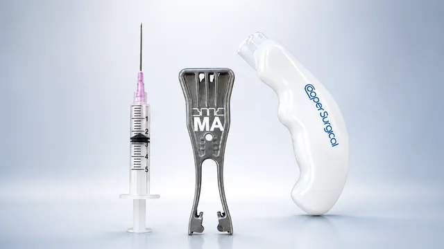 A syringe, a surgical clip, and an ergonomic medical tool, all featuring clear, precise pad printing, demonstrating the capabilities of Automark Universal Series pad printers for medical device marking.