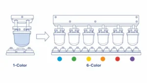 Graphic illustrating the transition from a single-color pad printing setup to a six-color pad printing system, featuring multiple printing pads and color swatches.