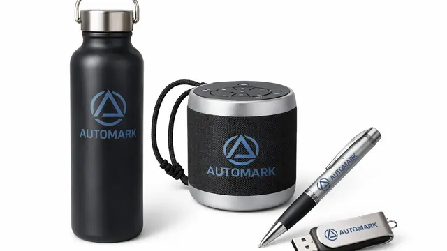 Promotional Product Printing Systems - Custom pad printing on promotional items including water bottle, speaker, pen, USB drive by Automark