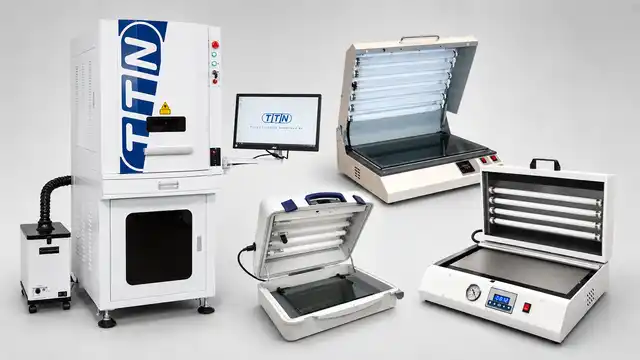 A comprehensive display of Automark pad printing plate-making equipment, featuring the TTN Cliche Laser for fast and accurate plate creation, alongside three distinct Automark UV exposure units, showcasing a complete solution for producing high-quality pad printing plates.