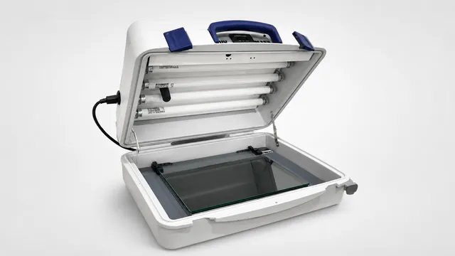 Automark TTN UV Mark cliche maker, a compact UV exposure unit for creating high-quality pad printing plates (cliches), shown with its lid open, revealing the UV lamps and the glass exposure surface, ready for use.