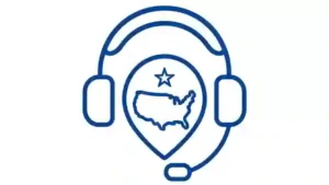 Icon depicting headphones with a microphone and a map of the USA inside a location pin, symbolizing USA-based customer support for Automark.