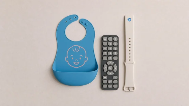 Various products demonstrating the versatility of Automark AM-Si silicone ink: a blue baby bib with a smiling baby face print, a dark grey remote control with white numbers, and a white watch strap with a blue logo, all showcasing durable and flexible printing.